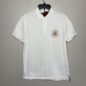 TOMMY HILFIGER Polo Shirt Mens Medium M White Embroidered Icon Round Logo Pique